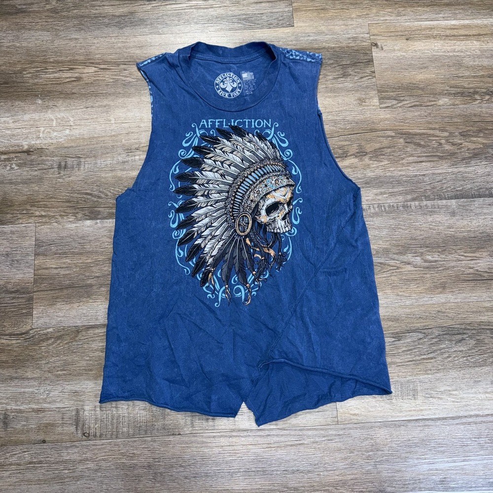 Y2K Affliction Blue Sleeveless Muscle Tank Top Womens S Native American Graphic